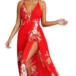 NEW- Women's Strap Floral Print Lace Up Backless Deep V Neck Sexy Split Beach Ma